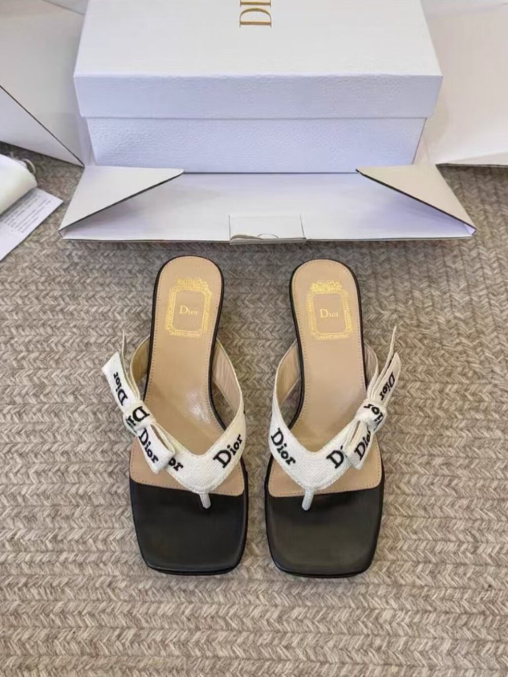 Dior White Bow Thong Kitten Heel Slide Sandals